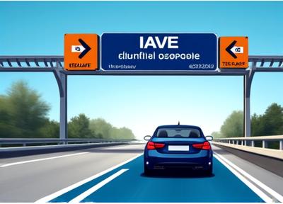 Señalización de un carril de telepeaje con el logo IAVE o TAG en una caseta de cobro, con un coche de fondo.