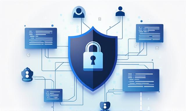 Ilustración de seguridad de datos con un escudo y datos fluyendo de forma segura